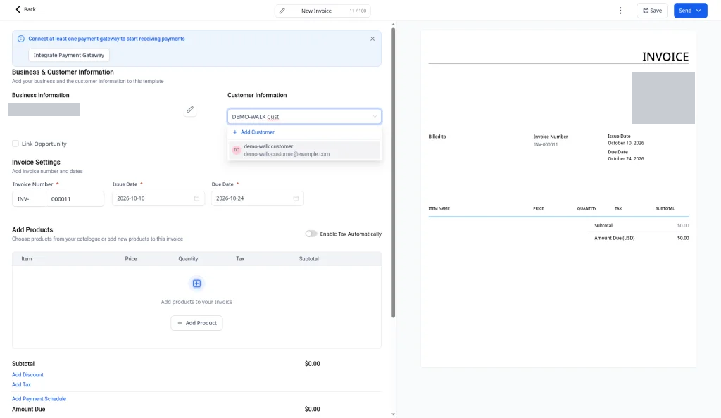 The customer search showing a matching contact and the Add Customer option