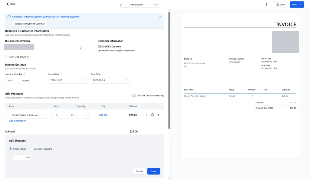 The Add Discount panel with Percentage and Custom Amount