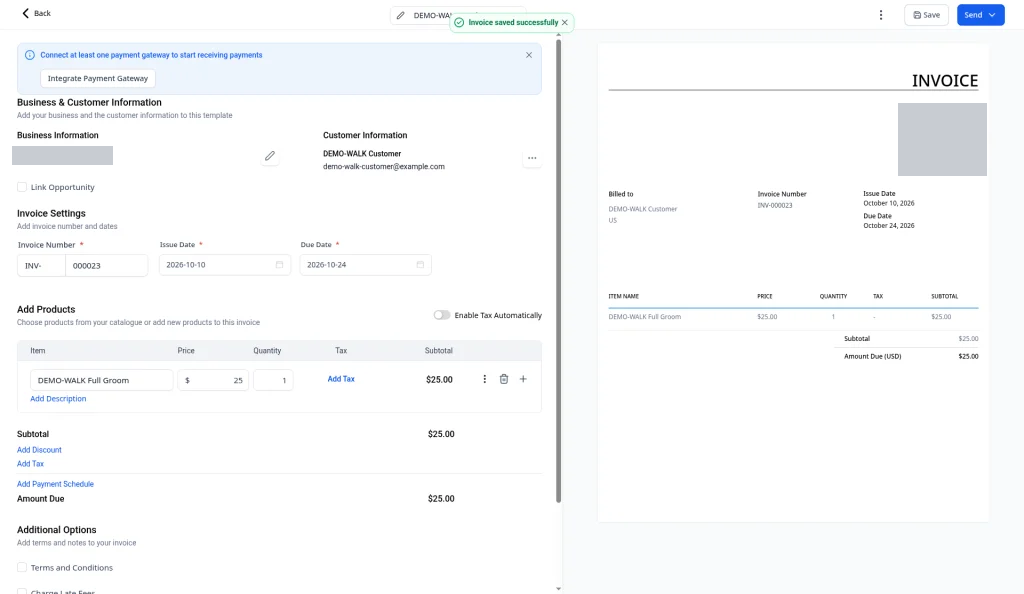 The Invoice saved successfully message at the top of the form
