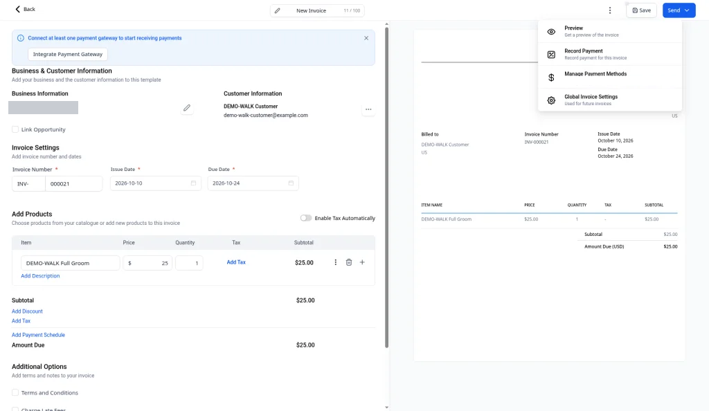 The top-bar menu with Preview, Record Payment, Manage Payment Methods and Global Invoice Settings