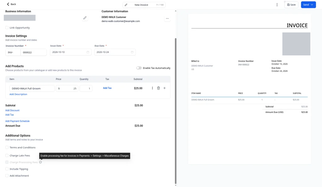 The tooltip on the greyed-out Charge Processing Fees option