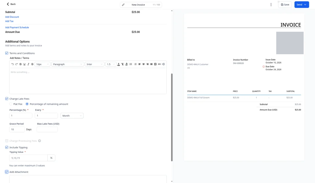 Terms, late fees, tipping and attachment options ticked