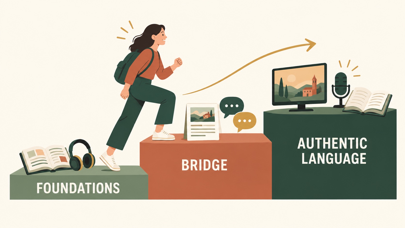 A learner climbing from foundations through a bridge to authentic language A learner climbing from foundations through a bridge to authentic language