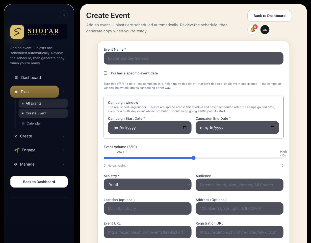 Shofar event form, blurred preview