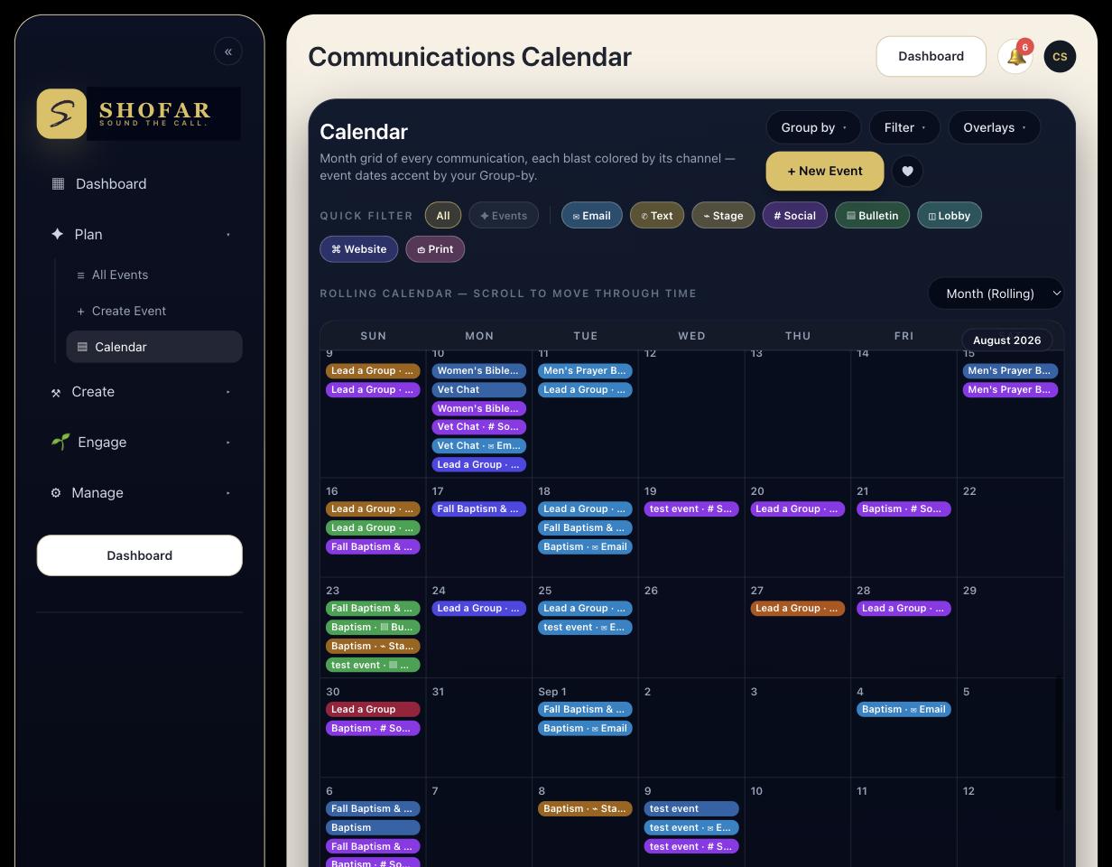 Shofar's main calendar, showing every event and channel in one view