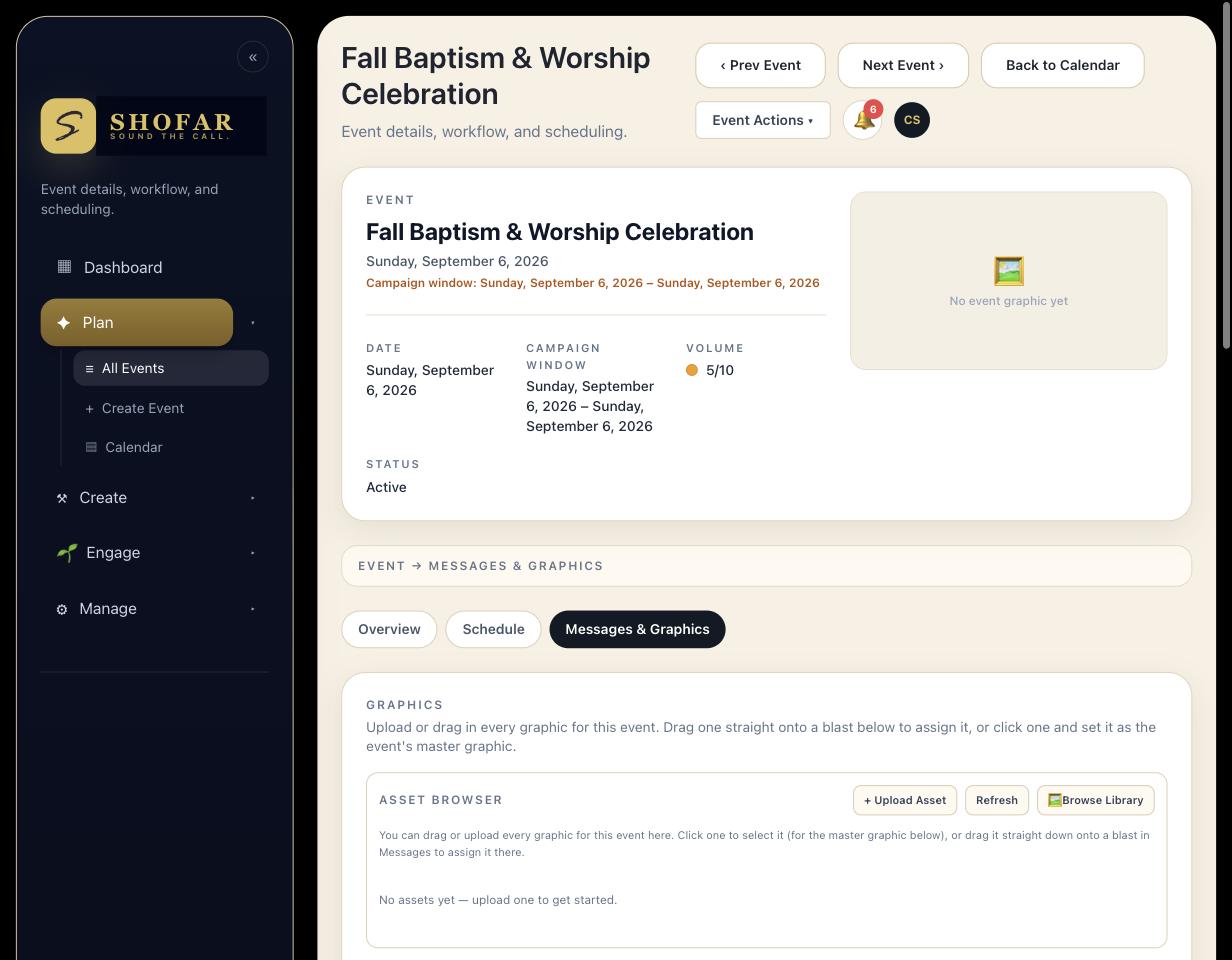 Shofar event form message and graphics tab, blurred preview