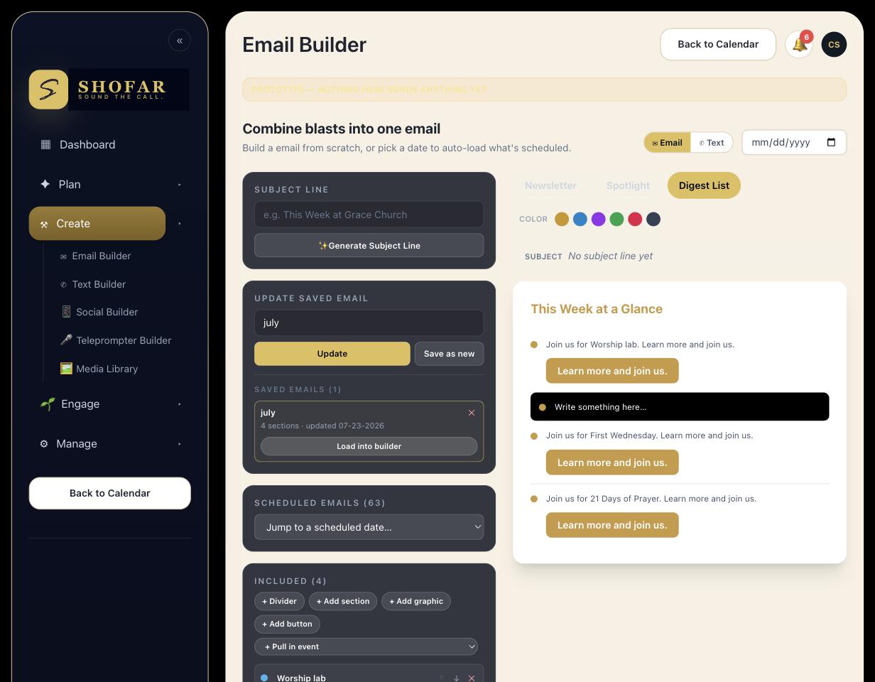 Shofar email builder, blurred preview
