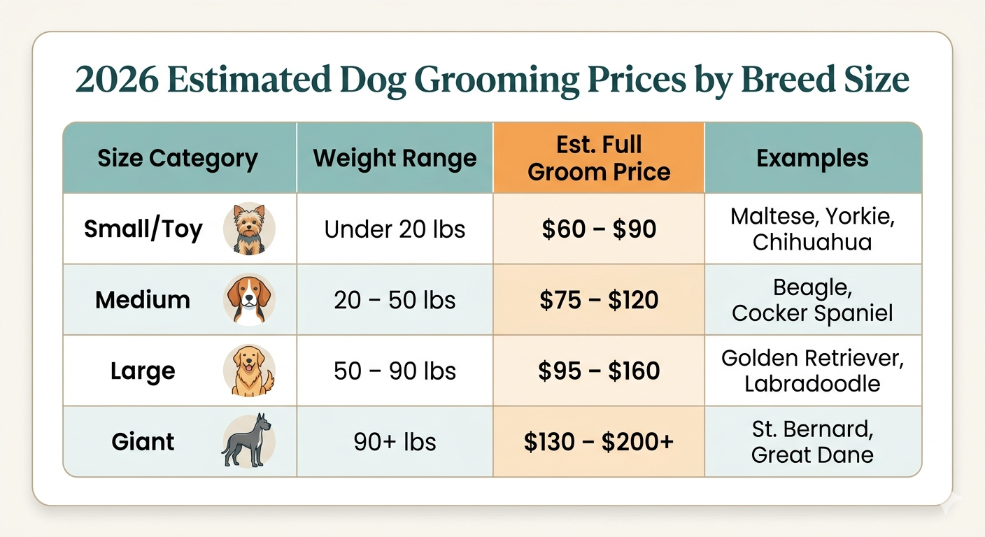 a table highlighting differant size dogs, their weight, examples of breeds and range of cost to groom