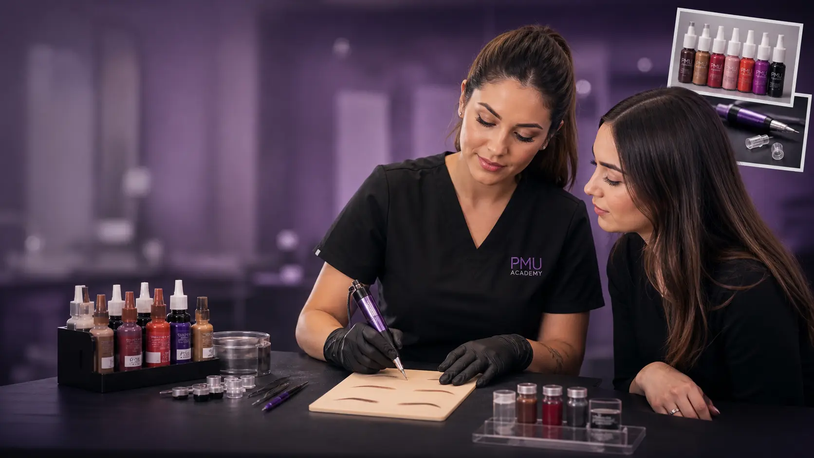 Permanent makeup instructor demonstrating microblading and shading training for a student
