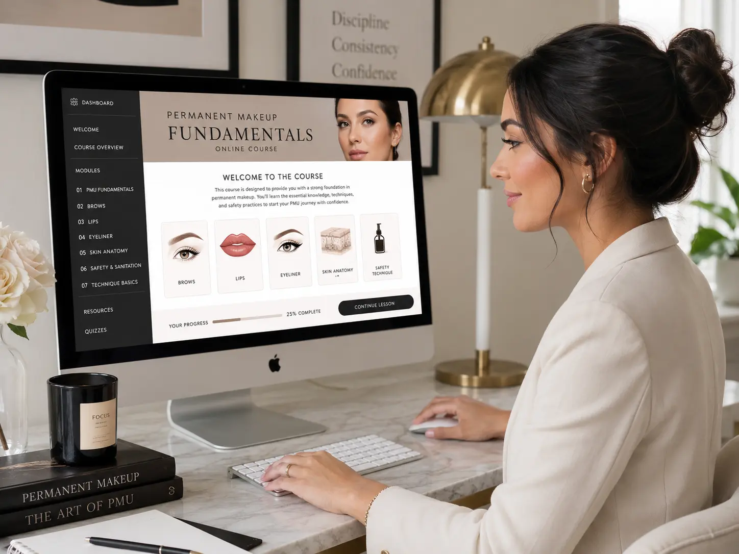 AI-generated beauty image representing PMU education and permanent makeup artistry