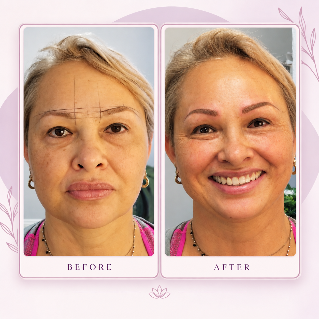 Before and after permanent makeup for a mature client with sparse or minimal natural brows