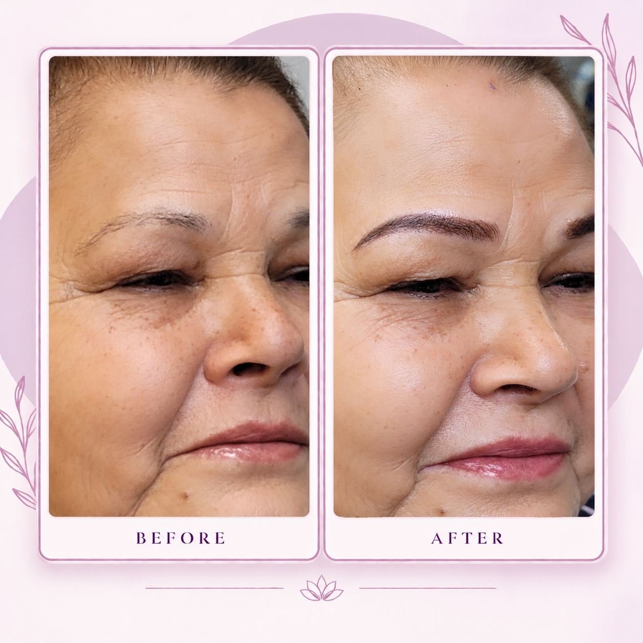 Before and after a soft, natural-looking mature brow transformation with permanent makeup