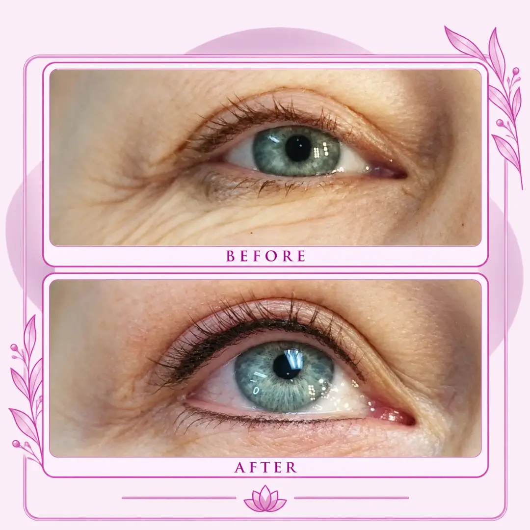 Before-and-after comparison of a green eye showing permanent eyeliner definition along the upper lash line