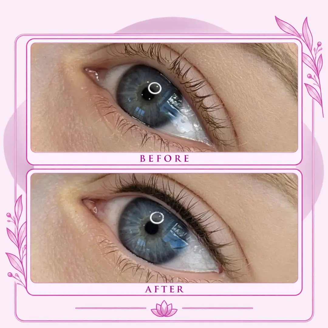 Before-and-after close-up of a blue eye showing subtle upper lash-line enhancement