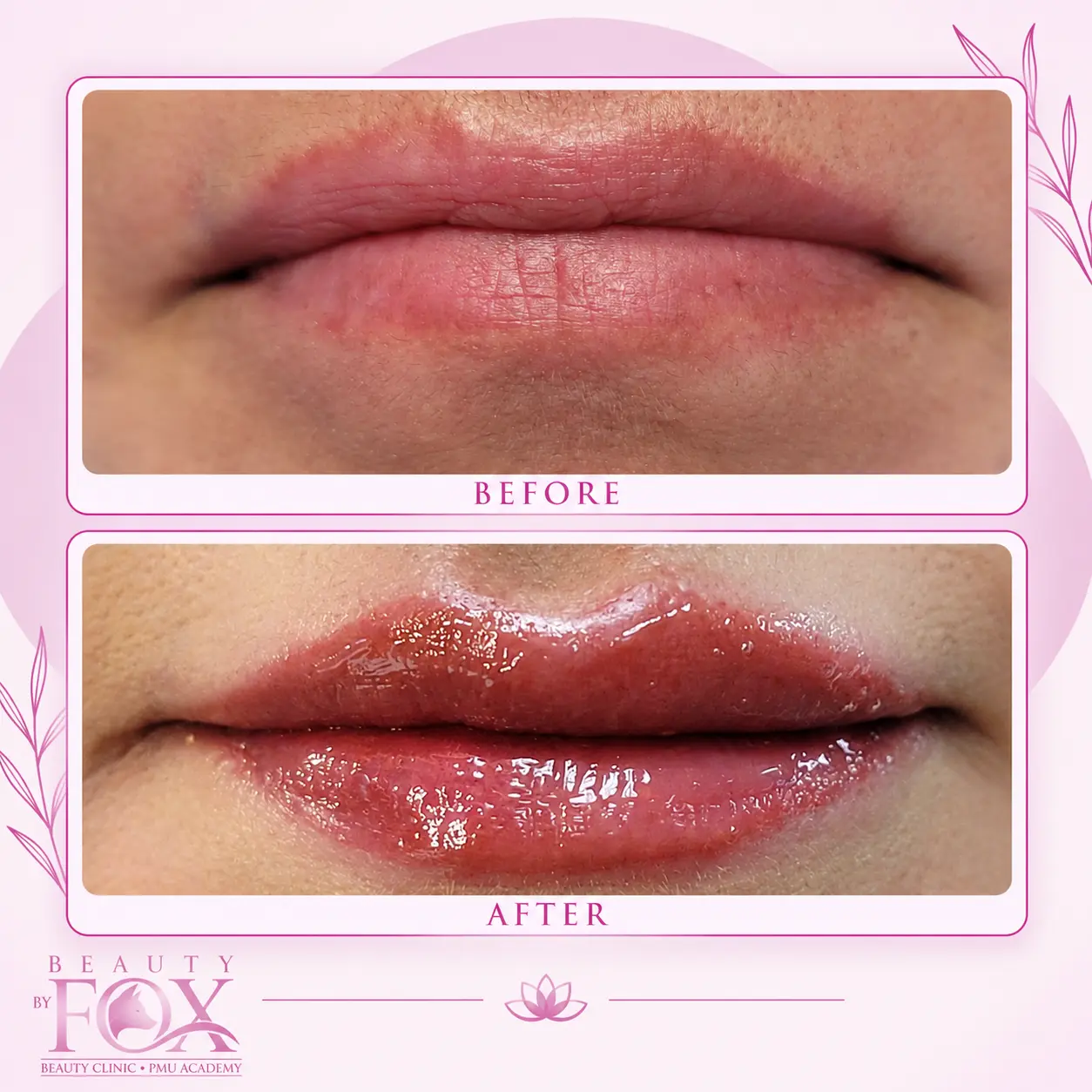 Lip blush before and after comparison — healed natural lip color result four