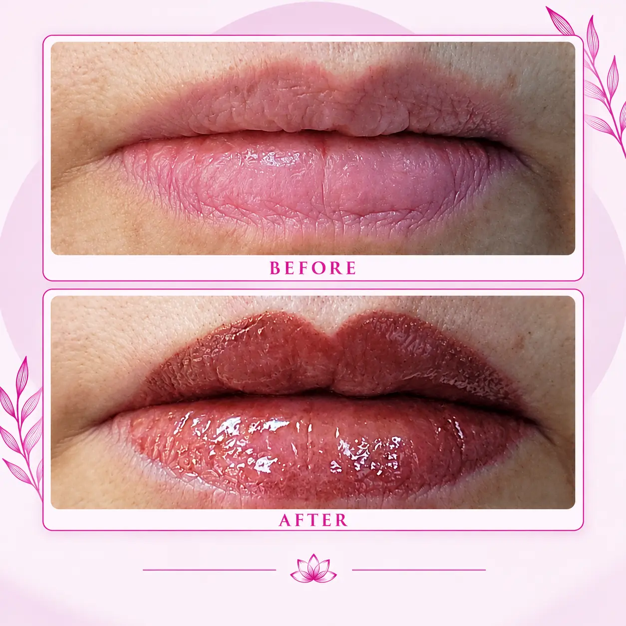 Lip blush before and after comparison — healed natural lip color result two