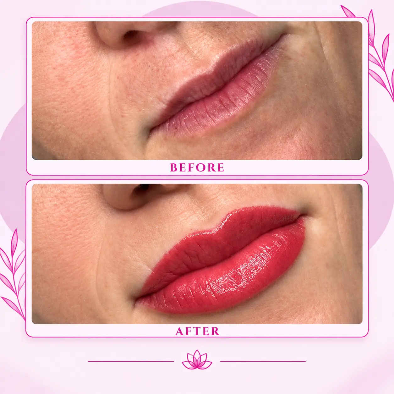 Lip blush before and after comparison — healed natural lip color result three