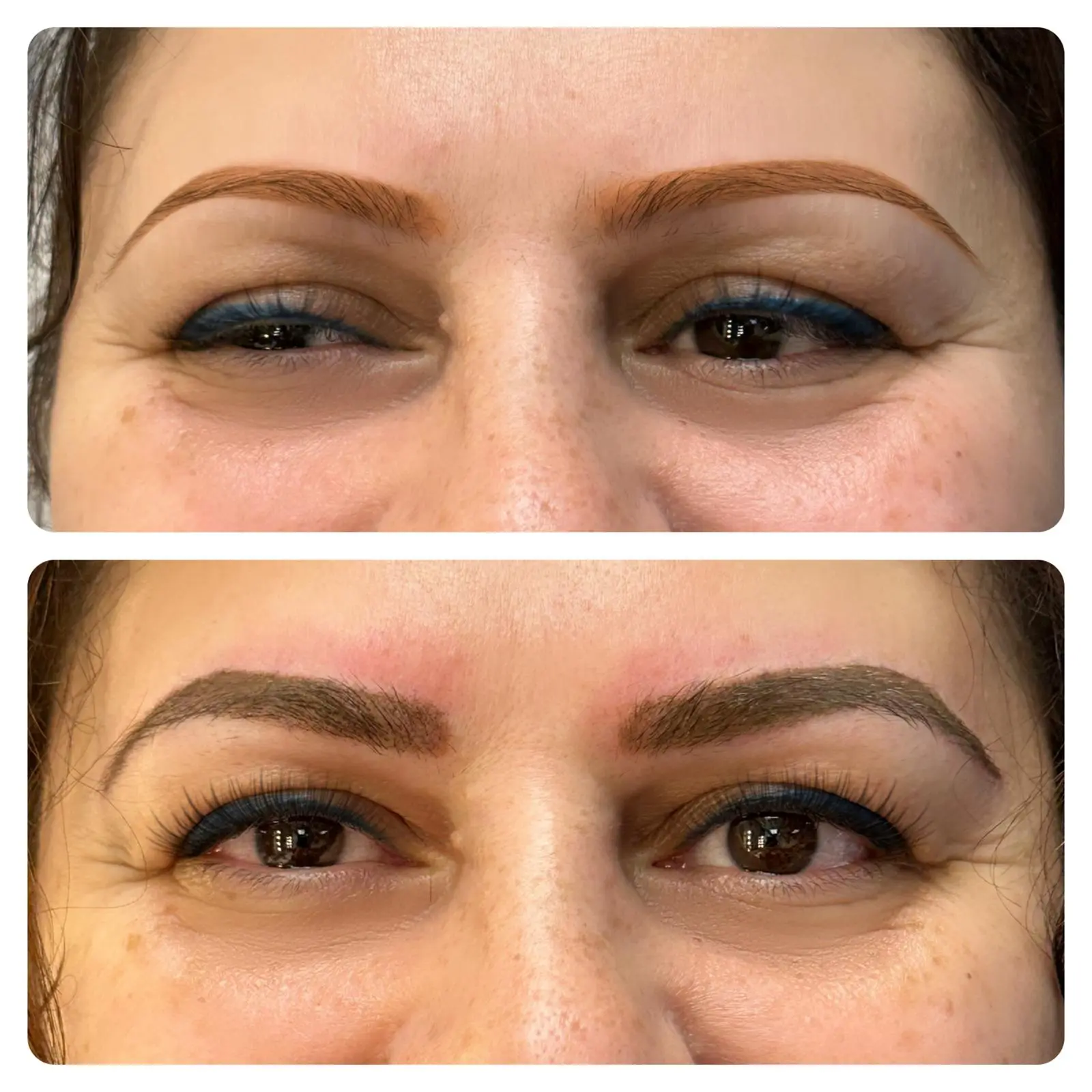 Before-and-after showing permanent makeup color correction on eyebrows