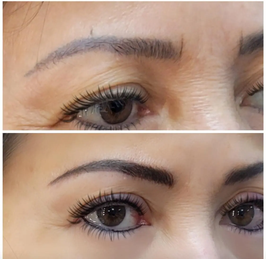 Before-and-after showing previous eyebrow tattoo repair