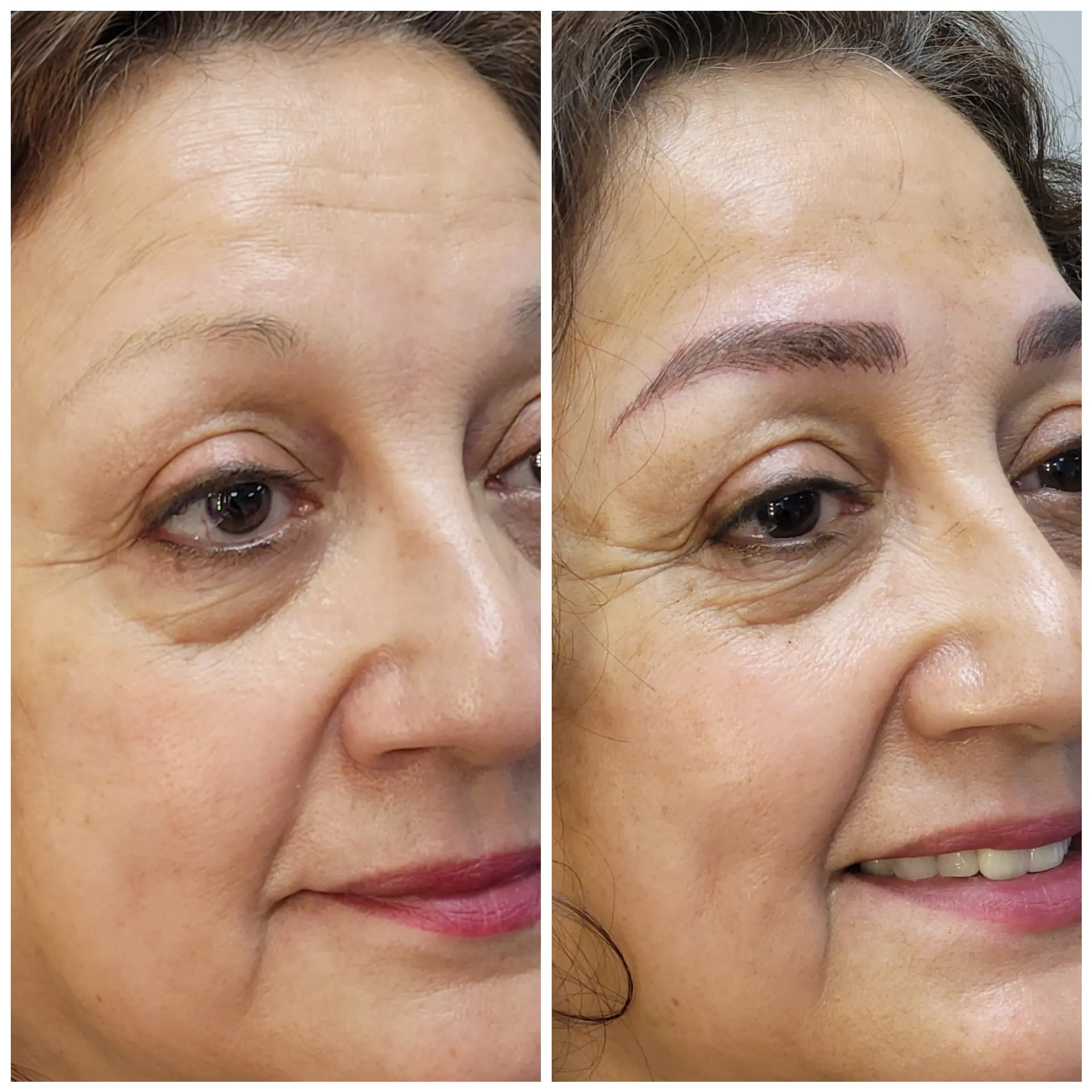 Before-and-after showing complete brow reconstruction for a client with little natural brow hair