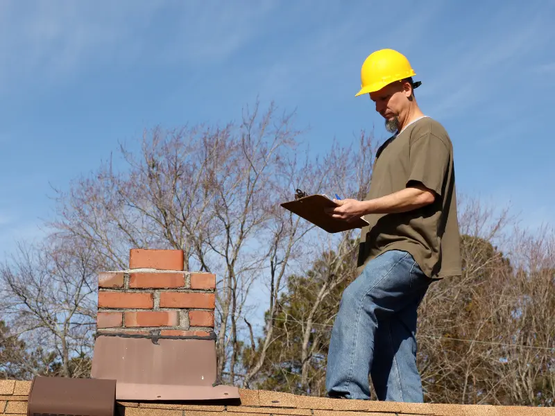 Roof inspector examining chimney condition during inspection.