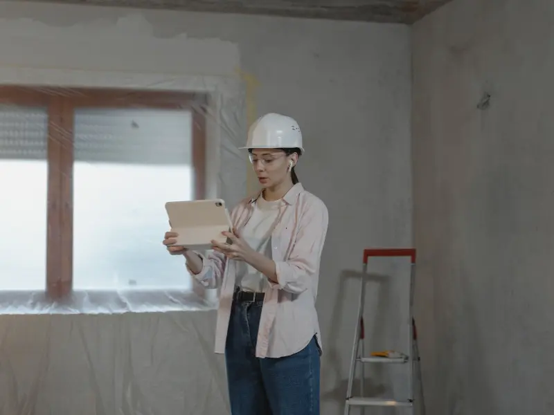 Inspector in hard hat reviewing notes on a tablet inside an unfinished room.