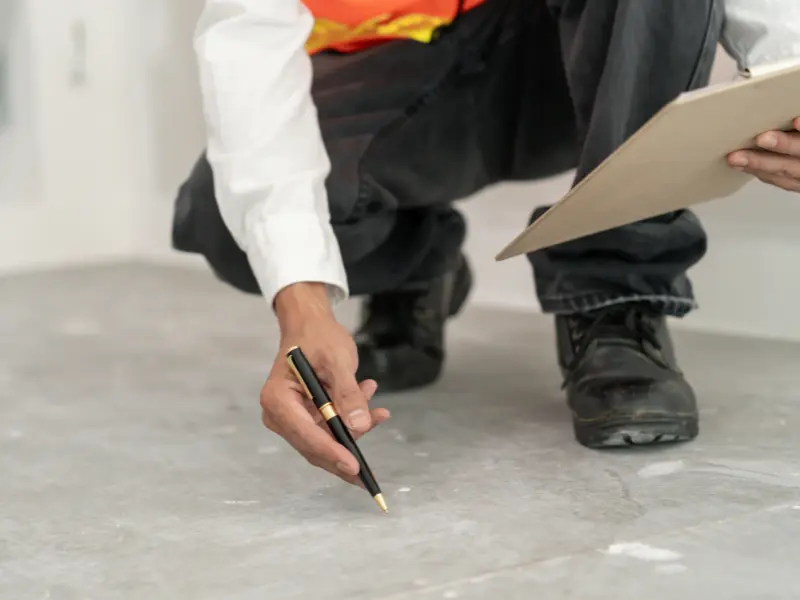 Inspector examining a concrete floor for cracks during a foundation inspection.