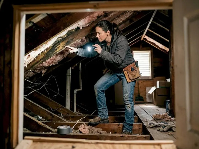 Home inspector using a flashlight to check attic insulation and roof framing for water damage during a residential inspection.
