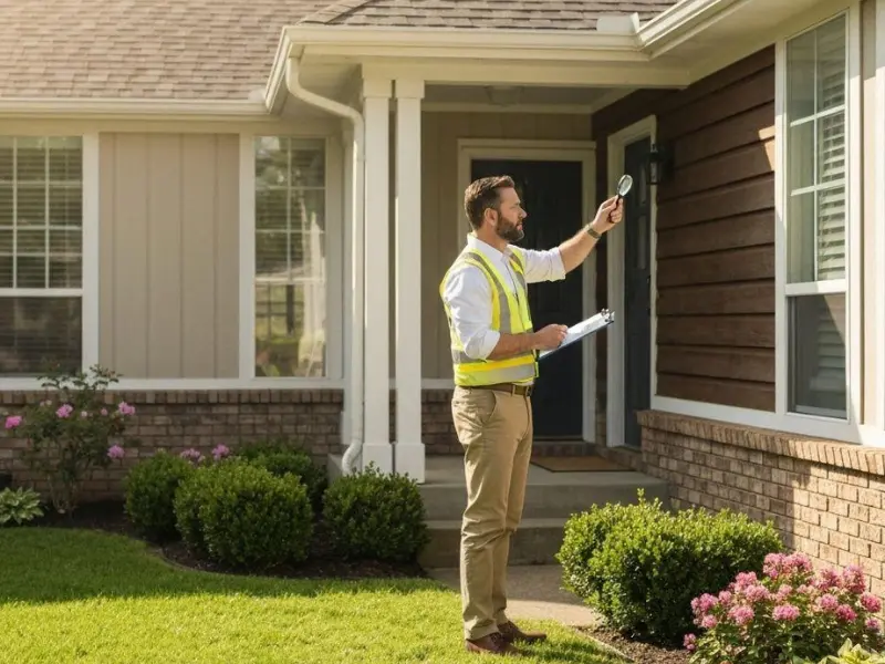 Residential property inspector examining exterior siding and roofline with a magnifying tool during a home inspection.