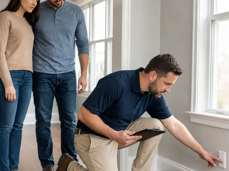 Home inspector checking an electrical outlet while a couple watches during a pre-purchase home inspection.