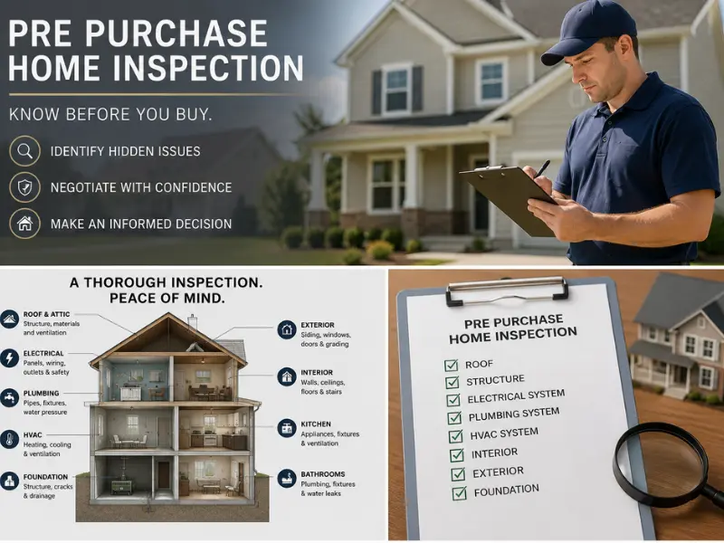 Infographic explaining a pre-purchase home inspection, including a house cutaway diagram and inspection checklist.