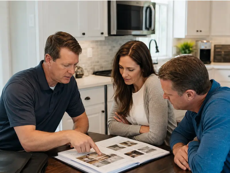 Home inspector reviewing inspection report findings with a couple at their kitchen table during a buyer home inspection.