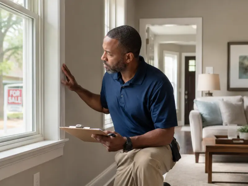 Home inspector examining a window and wall inside a house with a for sale sign visible outside, pre-listing inspection.