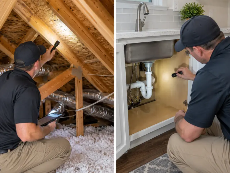 Home inspector examining attic insulation with a flashlight and checking under-sink plumbing during a home inspection.