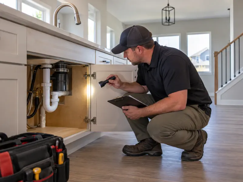 Home inspector using a flashlight to inspect kitchen sink plumbing and pipes with clipboard in hand.