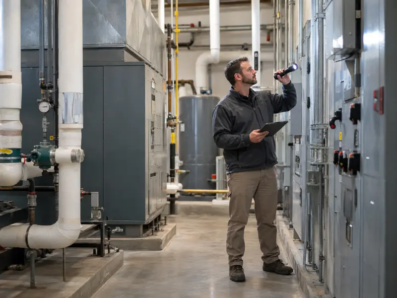 Inspector using flashlight to examine electrical panels and mechanical equipment in commercial boiler room.
