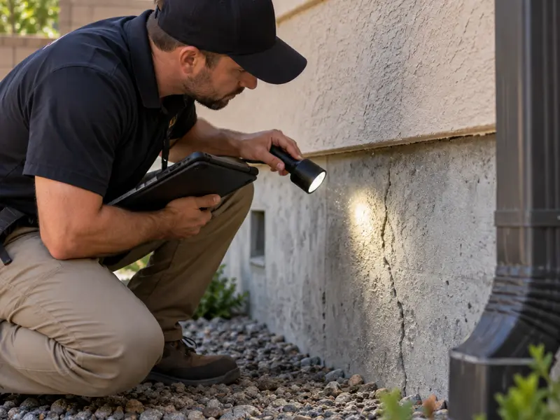 Home inspector examining a foundation crack with a flashlight during an exterior inspection. Home inspector examining a foundation crack with a flashlight during an exterior inspection.