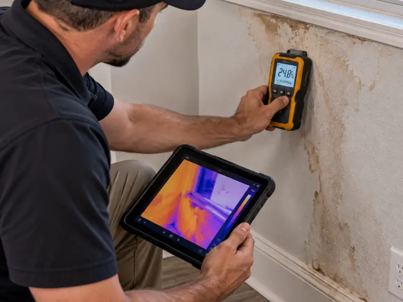 Home inspector using a moisture meter and thermal imaging tablet to check a water-damaged interior wall. Home inspector using a moisture meter and thermal imaging tablet to check a water-damaged interior wall.