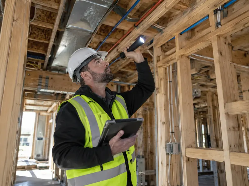 Building inspector examining ceiling framing and plumbing lines with a flashlight and tablet inside a house under construction.. Building inspector examining ceiling framing and plumbing lines with a flashlight and tablet inside a house under construction..