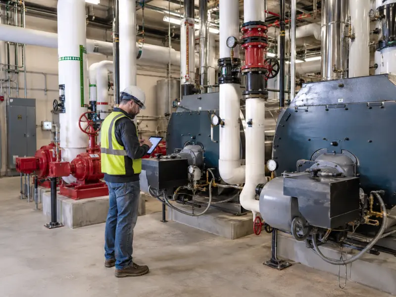 Commercial inspector in safety vest recording notes on a tablet while inspecting boilers and pipework in a building mechanical room. Commercial inspector in safety vest recording notes on a tablet while inspecting boilers and pipework in a building mechanical room.