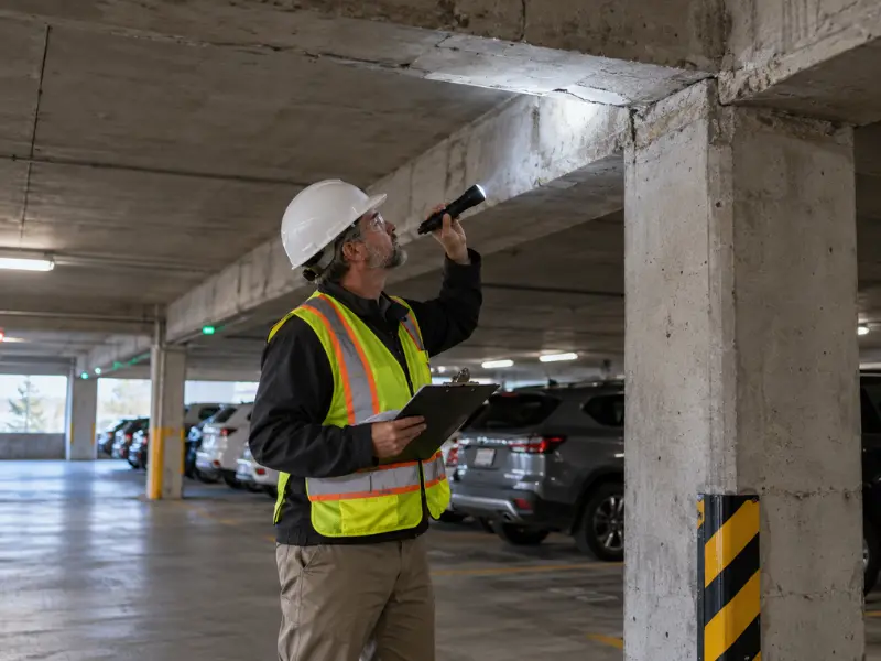 Commercial building inspector using a flashlight and clipboard to examine a concrete support beam in a parking garage. Commercial building inspector using a flashlight and clipboard to examine a concrete support beam in a parking garage.