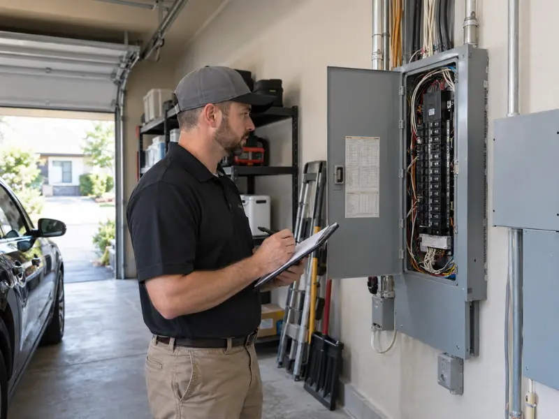 Home inspector recording notes on a clipboard while examining an open electrical panel in a residential garage. Home inspector recording notes on a clipboard while examining an open electrical panel in a residential garage.
