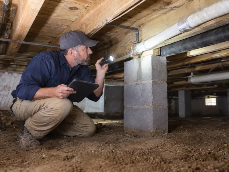 Home inspector using a flashlight and tablet to examine plumbing pipes and support beams in a home's crawl space. Home inspector using a flashlight and tablet to examine plumbing pipes and support beams in a home's crawl space.