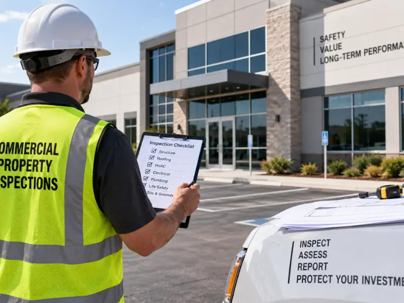 Commercial property inspector reviewing a structure, roofing, HVAC and electrical checklist outside an office building. Commercial property inspector reviewing a structure, roofing, HVAC and electrical checklist outside an office building.