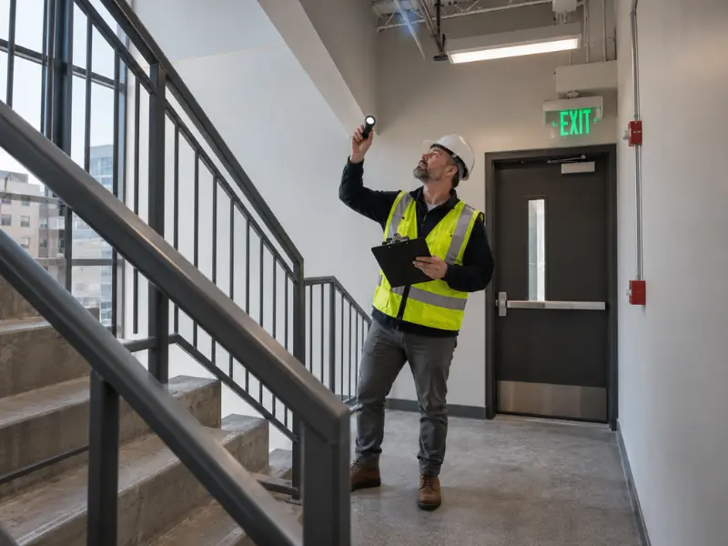 Commercial property inspector shining a flashlight on a stairwell ceiling near an exit door during a building inspection. Commercial property inspector shining a flashlight on a stairwell ceiling near an exit door during a building inspection.
