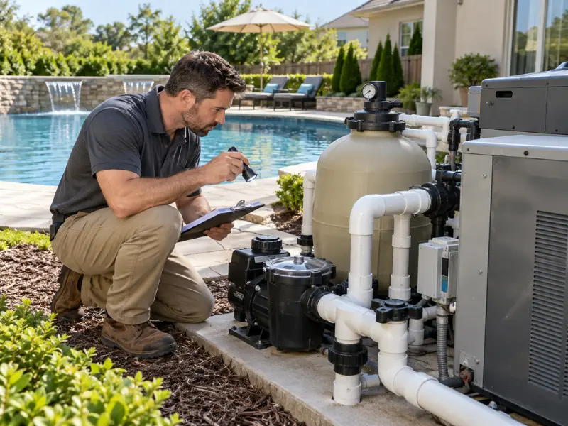 Pool inspector examining the sand filter, pump, and heater equipment pad with a flashlight while taking notes on a clipboard. Pool inspector examining the sand filter, pump, and heater equipment pad with a flashlight while taking notes on a clipboard.