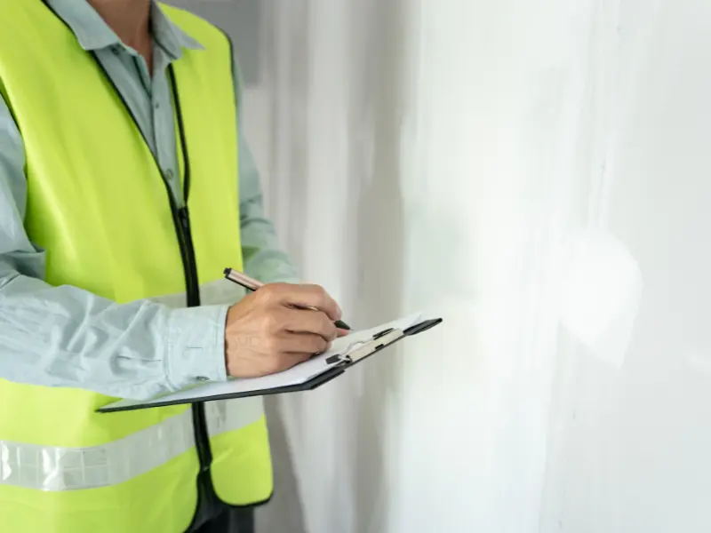 Home inspector taking notes on a clipboard while examining an interior wall during a residential inspection. Home inspector taking notes on a clipboard while examining an interior wall during a residential inspection.