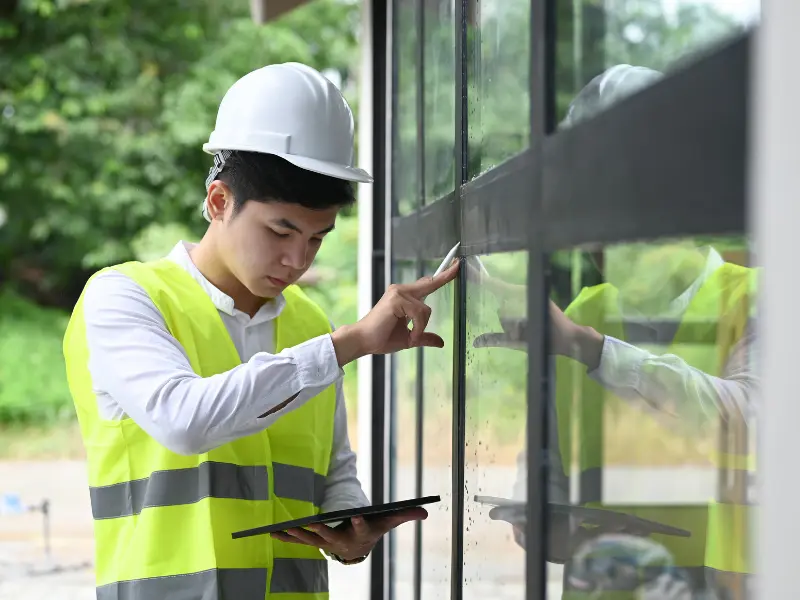 Home inspector in a hard hat and safety vest checking a window frame and seal using a tablet. Home inspector in a hard hat and safety vest checking a window frame and seal using a tablet.