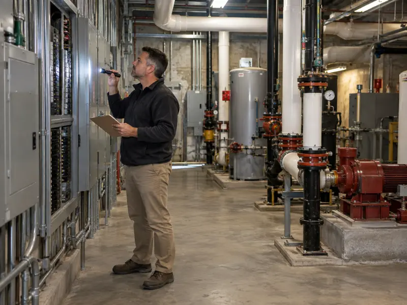 Inspector with a flashlight checking electrical panels and plumbing equipment in a commercial mechanical room. Inspector with a flashlight checking electrical panels and plumbing equipment in a commercial mechanical room.