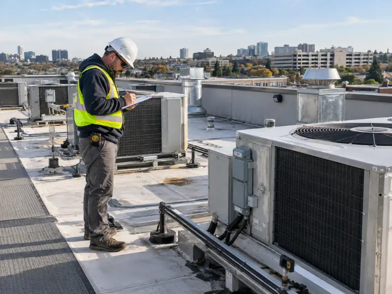 Inspector in a hard hat taking notes beside rooftop HVAC units during a commercial property inspection. Inspector in a hard hat taking notes beside rooftop HVAC units during a commercial property inspection.
